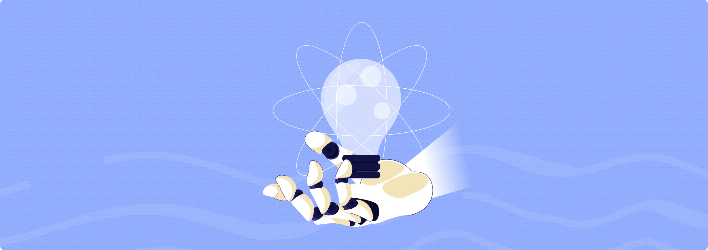 Illustration: a robotic hand holding a light bulb ringed by orbits.