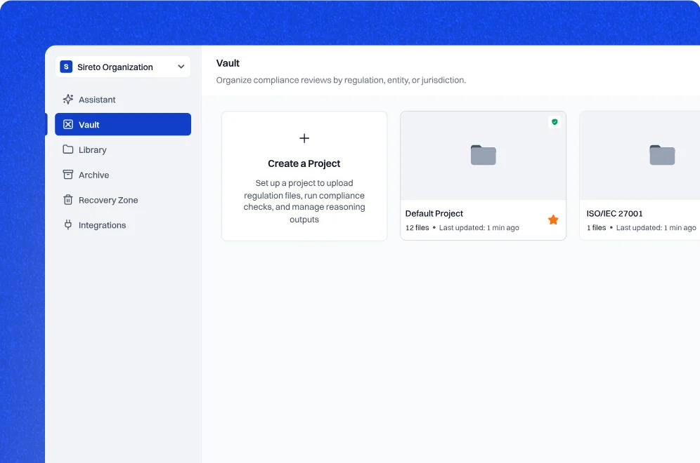 NormLogic Vault: compliance review projects organised by regulation, entity or jurisdiction.
